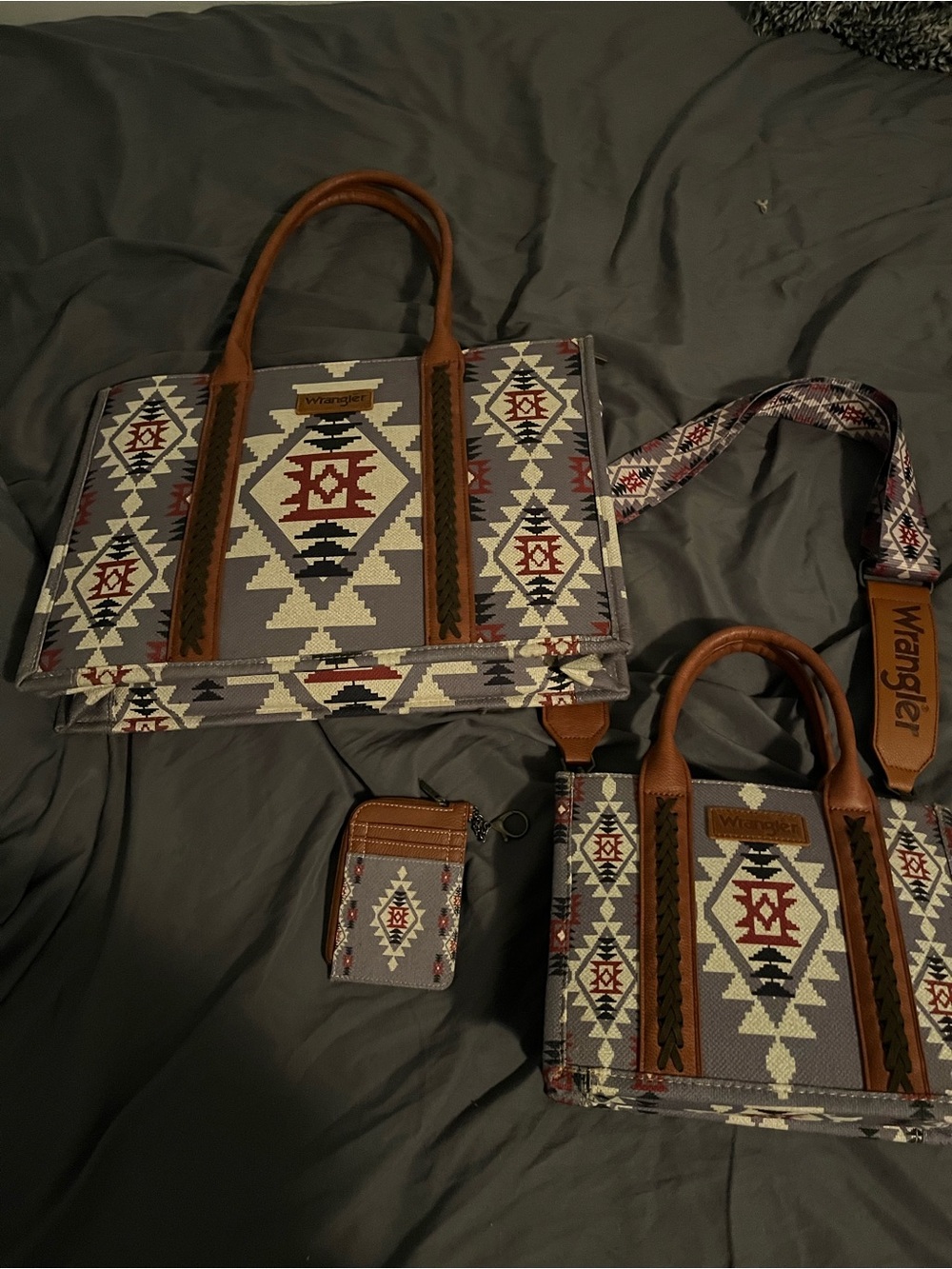 Wrangler Aztec Canvas Tote and Mini Bag Set in Gray, Brown, Red